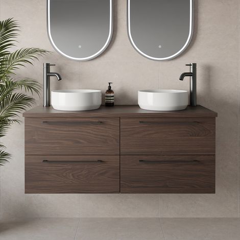 Napoli 460 Brown Oak 1200mm Wall Mounted 4 Drawer Vanity Unit for Countertop Basins - 1200mm - Gunmetal Grey 320mm Handle