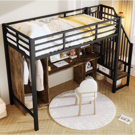 Letto rialzato 90x200 cm con vano portaoggetti, armadio e scrivania in metallo, nero, senza materasso (1/5)