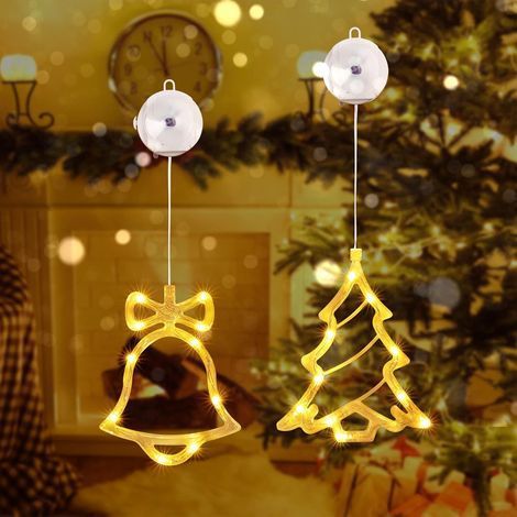 Fenêtre Décorative de Noël,(Cloches&Arbre) 10 LED Rideau Lumineux Blanc Chaud à Piles avec Ventouses, Minuterie, Guirlande Lumineuse de Fenêtre Intérieur pour Décoration de Noël, Fête,Mariage (1/5)