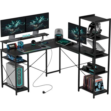 Escritorio, Escritorio para Computadora en Forma de L 137 x 140 x 139,5 cm Escritorio Esquinero con 6 Estantes, Mesa de Oficina con Soporte para Monitor, USB, Enchufe, para Oficina en Casa, Oficina, N