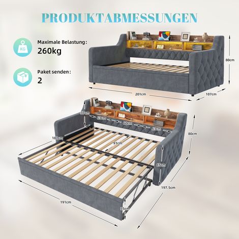 Canapé-lit 90 x 190 cm avec lit gigogne, canapé-lit en velours avec accoudoirs, tête de lit en bois avec rangement, éclairage LED, ports USB et Type-C, sommier à lattes, méridienne pour chambre d'amis (1/5)
