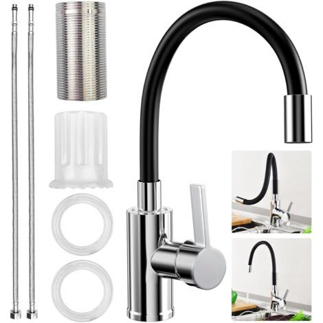 Flexible Robinet Cuisine, Noir Mitigeur Cuisine Rotative à 360° en Acier Inoxydable avec Bec Flexible, Robinet Evier de Cuisine Poignée Unique Haute Pression avec Perlator Economiseur D'Eau (1/5)