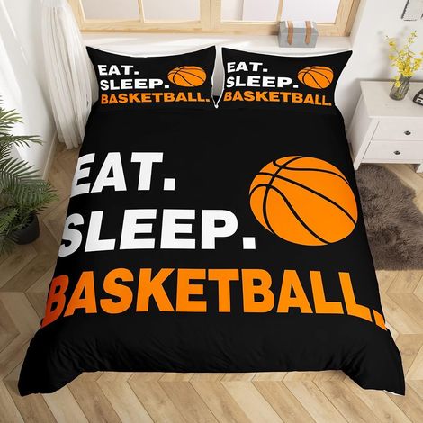 Housse de couette de basket - ball enfants Sport thème literie garçon fille adolescent chambre Basketball motif Housse de Couette 220x240cm Basketball Parure de Lit décoration Noir blanc orange, zip - (1/5)