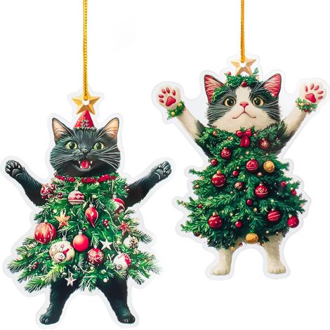Décoration de Noël en forme d'arbre à chat (2D) : Chat noir en acrylique - Décoration de Noël unique et amusante (1/4)