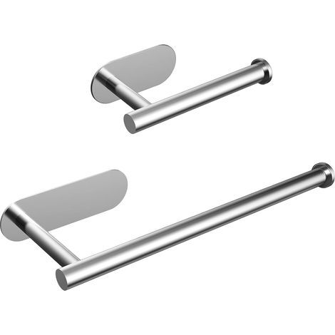Lot de 2 porte-rouleaux de cuisine et porte-rouleaux de papier toilette, support mural auto-adhésif, porte-papier toilette en acier inoxydable 304 (1/5)