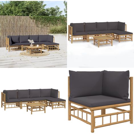 Set de muebles de jardín 6 piezas bambú con cojines gris oscuro - Muebles de exterior - Sofás de jardín