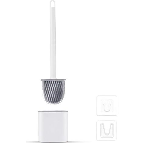 Brosse WC Silicone Plate- Brosse Toilette et Supports, Anti-goutte, Antibactérienne, Balayette WC Ventilée, Séchage Rapide sans Odeur, Balai WC Montage Mural/au Sol, Salle de Bain et WC Blanc (1/5)