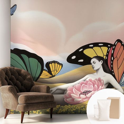 Papier peint intissé décoratif pour salon chambre et cuisine Facile à poser avec colle Prairie aux papillons 250x250 cm (1/5)