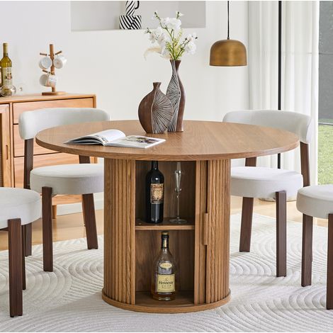 Table à manger ronde 120 cm avec rangement noyer OKMYHOME (1/5)