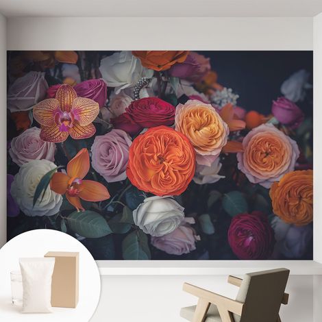 Tapete Vliestapete mit Kleber modern - Wanddeko für Küche - Klebefolie Wand - luxus Look Farbenfroher Blumenstrauß 152x104 cm (1/5)