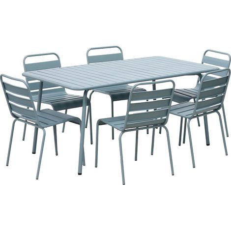 Ensemble table de jardin + 6 chaises en métal bleu gris - BACA