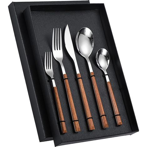 Ensemble de couverts en acier inoxydable haute dureté, couteaux, fourchettes, cuillères, manches en bois.