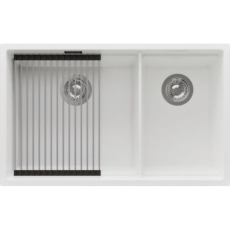 PRIMAGRAN Evier Cuisine en Granit 76x47cm,Lavabo 2 bacs + Kit de Vidage + Égouttoir Enroulable, Évier à Encastrer au meuble 80cm - Prague Slim Duo, Blanc