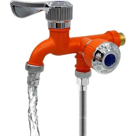 Robinet d'interface universel 1/5 Robinet de contrôle à double sortie, Robinet antigel deux en un pour usage extérieur, Mitigeur de lavabo - Orange (1/5)