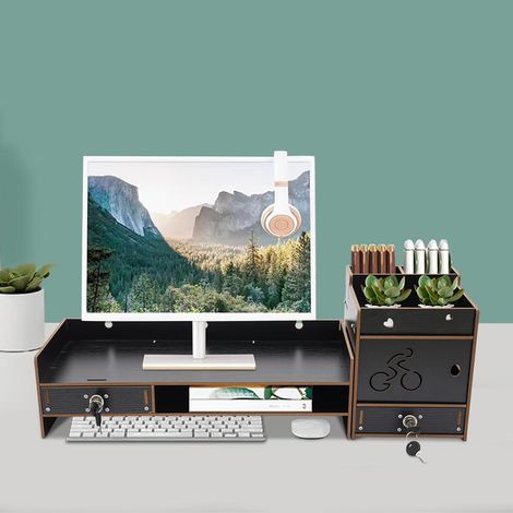 Ständer für Computermonitore, Monitorständer Monitor Stand Holz bildschirmerhöhung Monitorerhöhung Belastbar für Spielzimmern, Arbeitszimmern, Büros (Schwarz) (1/5)