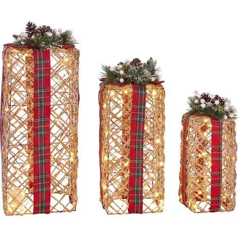 Set di 3 scatole regalo natalizie decorative marroni e rosse con fiocchi e luci LED bianco caldo per interni Kausala (1/5)