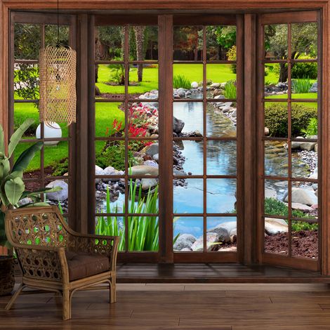 Papier peint panoramique Trompe l'oeil Fenêtre en bois - Jardin Rivière - 130 cm x 104 cm (1/5)
