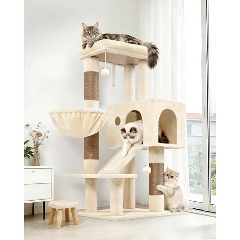 Arbre a Chat Beige avec 8 cm Poteau en Sisal, Grandes Niches, Doux Plate-Forme, Panier Agrandi, Pente de Sisal, Facile à Grimper Arbres à Chats 116 cm pour Chaton Gros Chat (S45, Beige) (1/5)