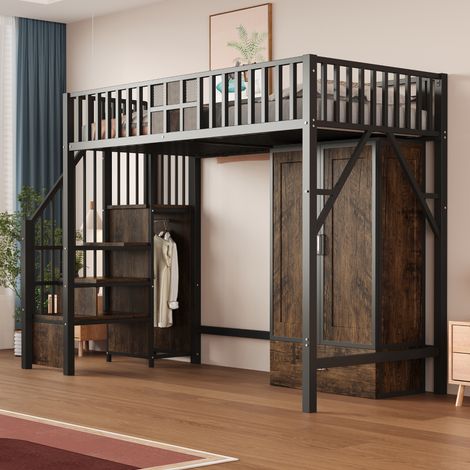 Cama Alta Cama Individual con Armario, Cajón y Escalera con Almacenaje 90 x 200 cm, sin Colchón, Negra