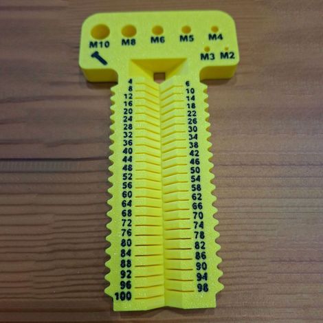 Outil de mesure de vis M2-M10+L4-100 mm. Cet outil permet de mesurer les vis métriques de M2 à M10, d'une longueur de 4 à 100 mm. - Jaune citron.