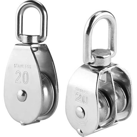 Polea de elevación, 2 piezas M20 de acero inoxidable, polea de cable, rodillo de polea doble simple, capacidad de carga del bloque de polea: 75 kg/165 lb (1/5)