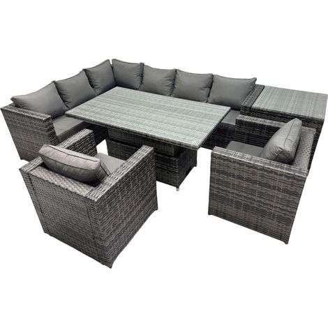 Fimous 8-seater Height Adjustable Rising Lifting Table Corner Sofa Set Rattan Garden Furniture Dining Set with Side Table Dark Grey Mixed (1/5)