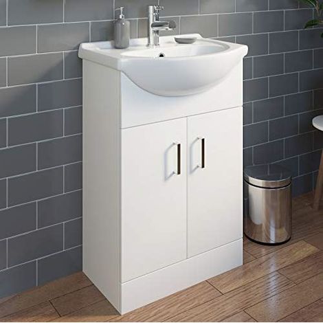 White Bathroom Vanity Unit & Single Tap hole Basin Sink Storage Floorstanding 550mm