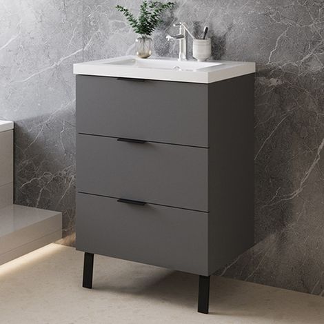 Biubiubath 600mm Bathroom Vanity Unit with Basin Sink Storage Furniture Freestanding Matt Grey