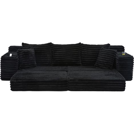 Divano letto modulare in velluto a coste nero con schienale alto, tasche e portabicchieri (1/5)