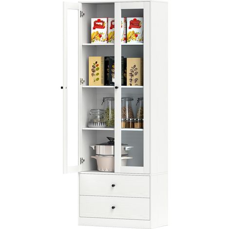 Meuble de rangement moderne avec placard à portes vitrées, étagères réglables et 2 tiroirs, 59 x 30 x 164 cm, blanc