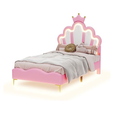 Lit bas 90 x 200 cm, design en forme de couronne, revêtement en similicuir doux, bande lumineuse LED d'ambiance réglable, rose. (1/5)