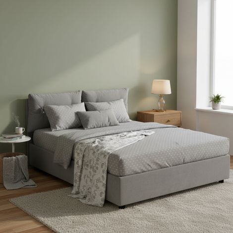 Dmora - Cama matrimonial Dmancus, Cama contenedor con revestimiento de tela, 100% Made in Italy, Apertura frontal, con colchón 160x190 cm incluido, Gris (1/5)