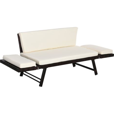 Canapé de jardin 2 places en polyrattan, salon lounge extérieur, banquette et transat pliable, accoudoirs, structure acier, marron, 129 × 63 × 67 cm