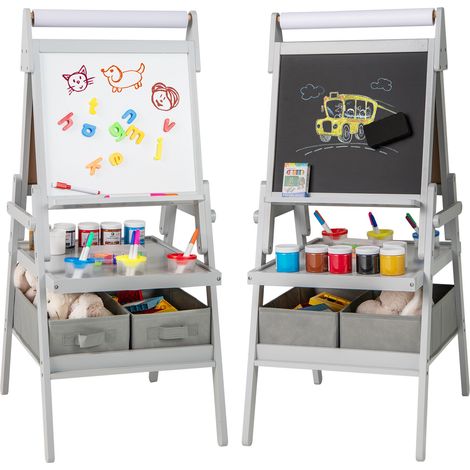 Chevalet enfant gris 3 en 1 avec tableau noir magnétique et tableau blanc, rouleau de papier et bacs intégrés pour chambre et école (1/5)
