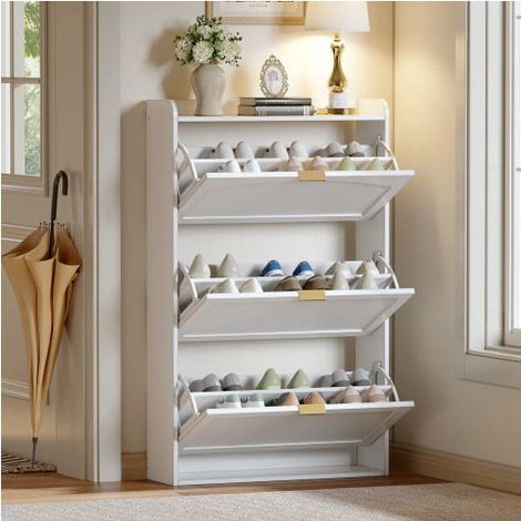 Meuble À Chaussures 76x23x118cm 3 Abattants Blanc Design - Rangement Chaussures - Gain De Place Étroit Idéal Pour Couloir Et Entrée (1/5)