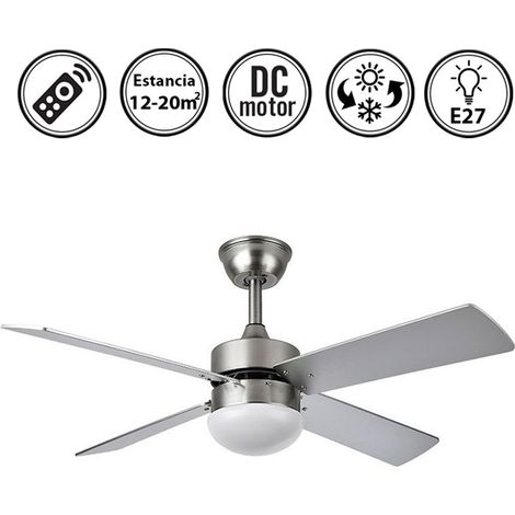 Ventilador de techo DC Sofía Fabrilamp en níquel con 4 aspas reversibles haya y plata, 2xE27, mando a distancia y temporizador para interior (1/4)