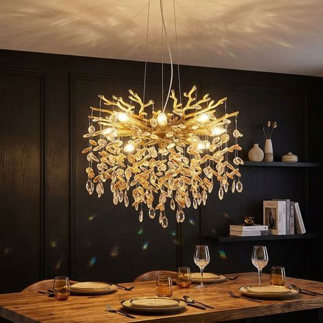 LED Pendelleuchte Hängeleuchte Deckenlampe goldfarben matt Kristalle H 120 cm (1/5)