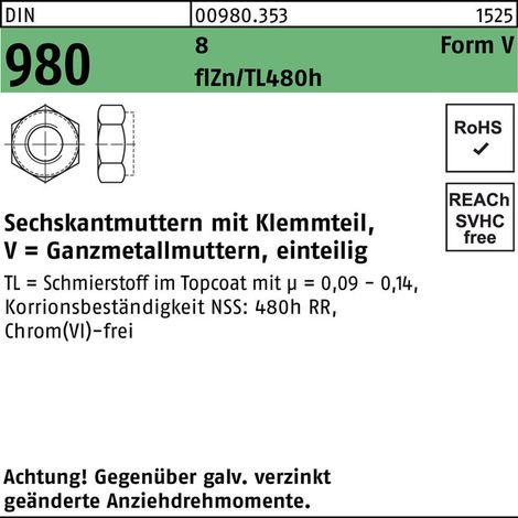 DIN 980/ISO 7086, 10513 Selbstsichernde Sechskantmutter M 6 x 1 Stahl zinklamellenbeschichtet 1000 Stk (1/2)