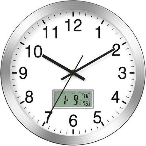 Horloge murale de 30 cm avec date numérique, jour de la semaine et température intérieure - Fonctionne sur piles (1/5)
