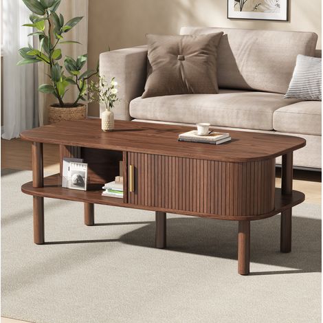 Table basse rectangulaire 110 cm avec porte coulissante et niche ouverte, noyer (1/5)