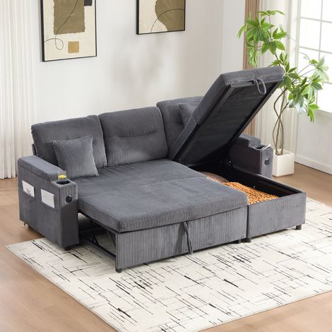 Divano letto 3 posti in velluto a coste grigio carbone con chaise longue, contenitore e USB-C (1/5)