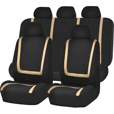 9 Pièces Set Complet Housses De Siège Voiture, Housses Siège Avant Et Arrière Voiture Universelles, Auto Couvre Sieges Accessoires Interieur, pour avec Presque Toutes Les Voitures(Beige) (1/5)
