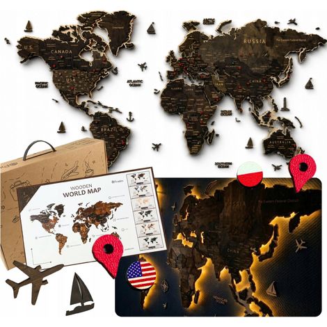 Carte du monde en bois 3D 130x72 cm illuminée par LED - Cadeau idéal pour un voyageur (1/5)