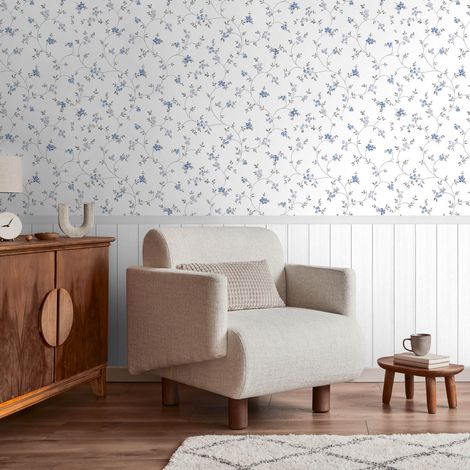 Fototapete Profhome 398052 heißgeprägte Vliestapete leicht strukturiert mit Blumen-Muster matt creme blau grün 1,59 m x 2,8 m