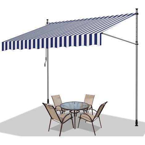 TolleTour Klemmmarkise mit Handkurbel, 200x120cm Balkonmarkise, UV-beständig 50+ höhenverstellbar Sonnenschutz ohne Bohren für Terrasse und Balkon Blau Weiß