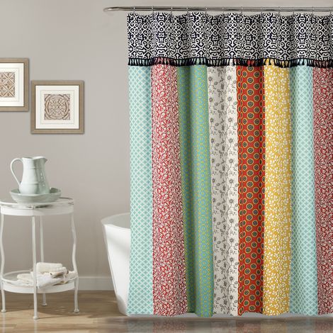 Rideau de Douche bohème en Tissu imprimé coloré à Rayures Verticales avec Pompons, 183 x 183 cm, Multicolore (1/5)