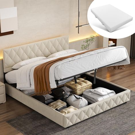 Lit coffre Okwish 140 x 200 cm – Lit double rembourré avec tête de lit LED et port USB Type-C – Cadre avec sommier à lattes et coffre de rangement hydraulique, tissu en coton beige, matelas non inclus (1/5)