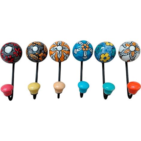 Wandhaken aus Keramik mit bunten Blumen 11 cm 6er Set (1/5)