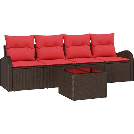 Garden Sofa Set with Storage 5 pcs Beige and Red Poly Rattan vidaXL