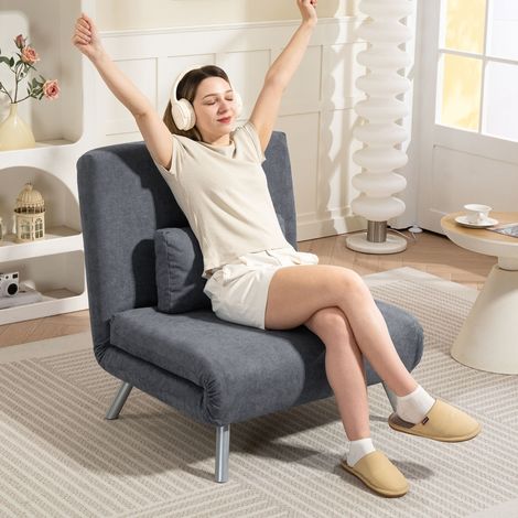Fauteuil-lit convertible 2 en 1 gris foncé, revêtement tissu avec coussins
